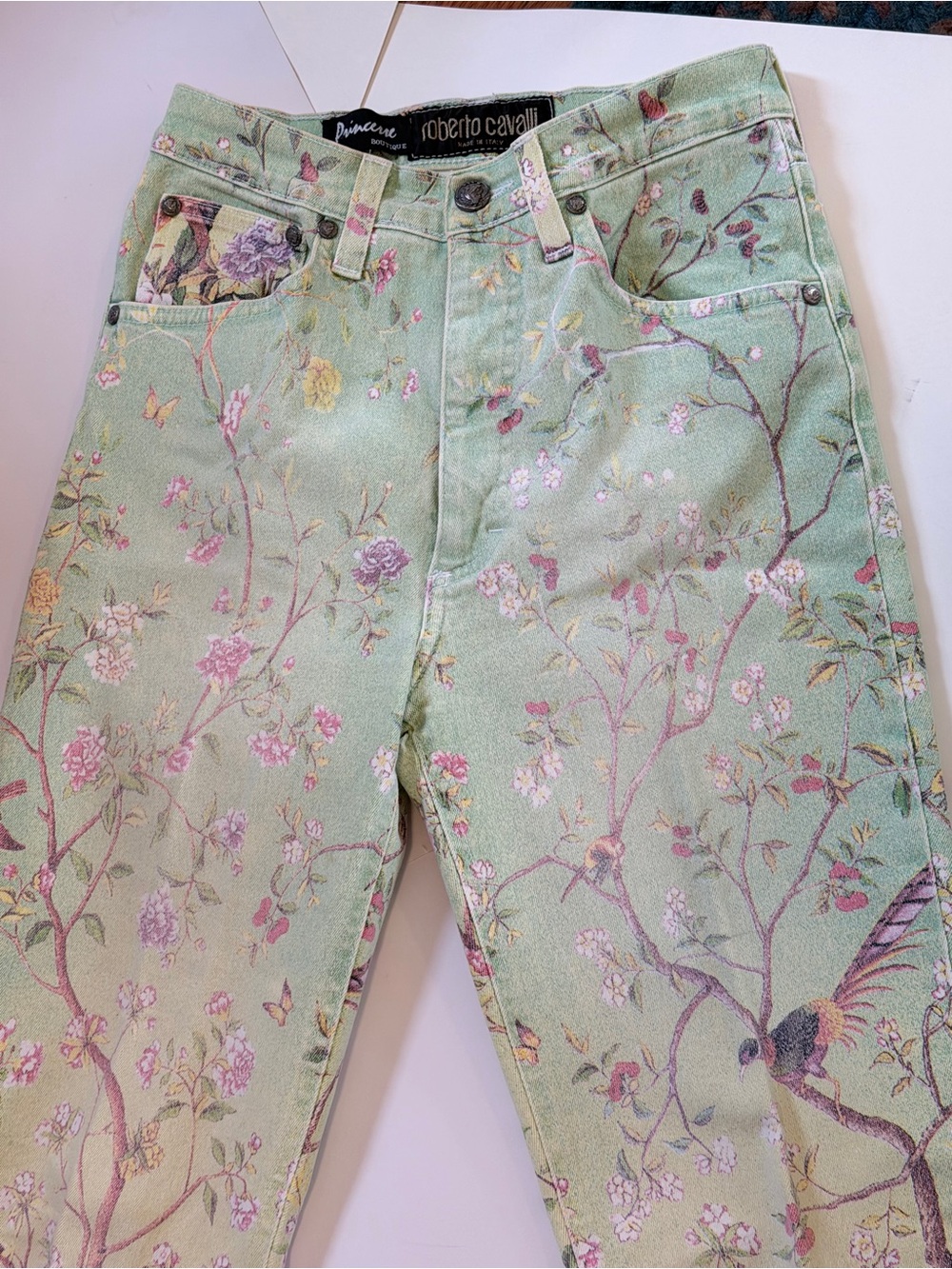 Roberto Cavalli Made in Italy Floral Bird Print Skinny Jeans Mint Green Women’s - Picture 8 of 10